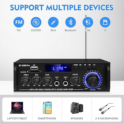Miniatura 2 de Receptor 298Pro para altavoces, receptor Bluetooth 5.0 para estéreo doméstico, amplificador de potencia RMS 400Wx2, control de agudos de graves,