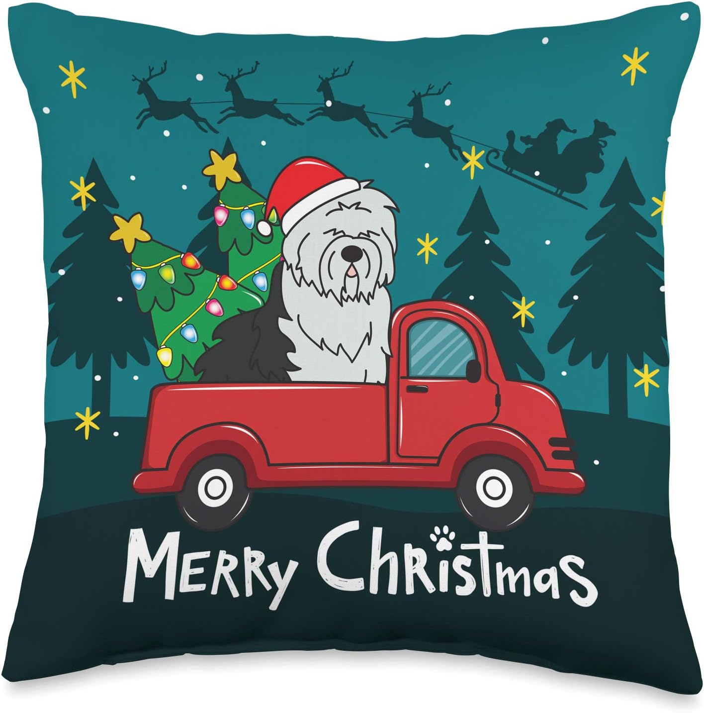 Old English Sheepdog Christmas Dog Truck Funny Xmas Gift Throw Pillow
