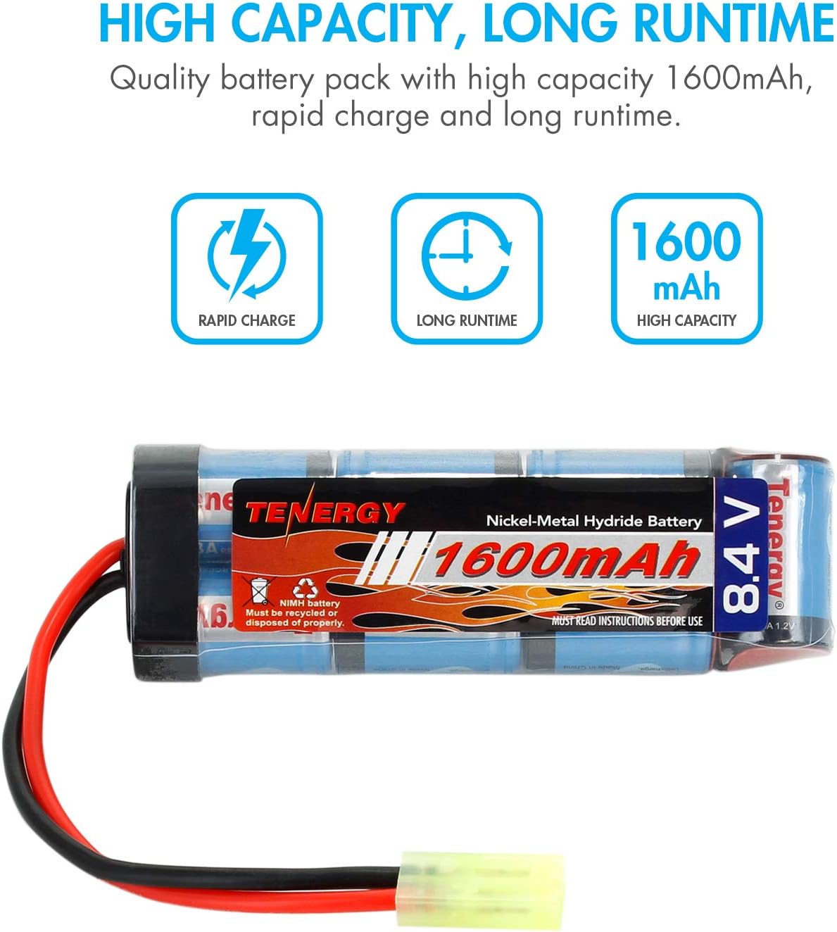 Tenergy Airsoft Battery 8.4V NiMH Flat Battery Pack w/Mini Tamiya Connector High Capacity 1600mAh Battery for Airsoft Guns MP5, Scar, M249, M240B, M60, G36, M14, RPK, PKM : Sports & Outdoors