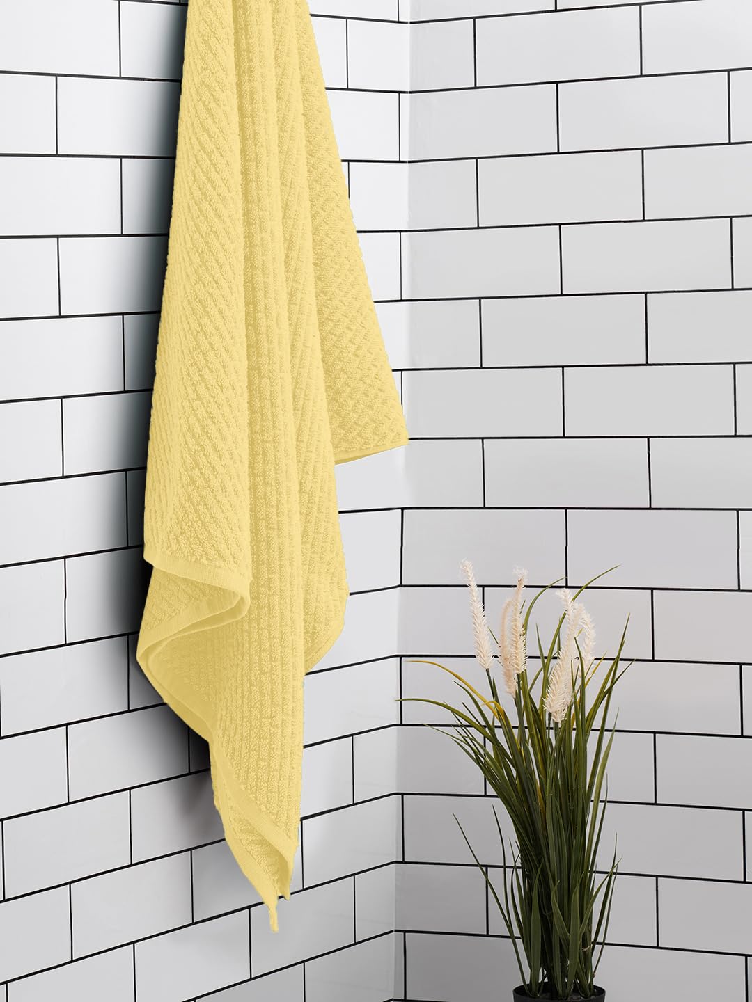Spaces 100% Cotton Large (70 Cm X 150 Cm) | 400 GSM Dobby Solid Bath Towel (Pale Banana)- Genesis-picture-26