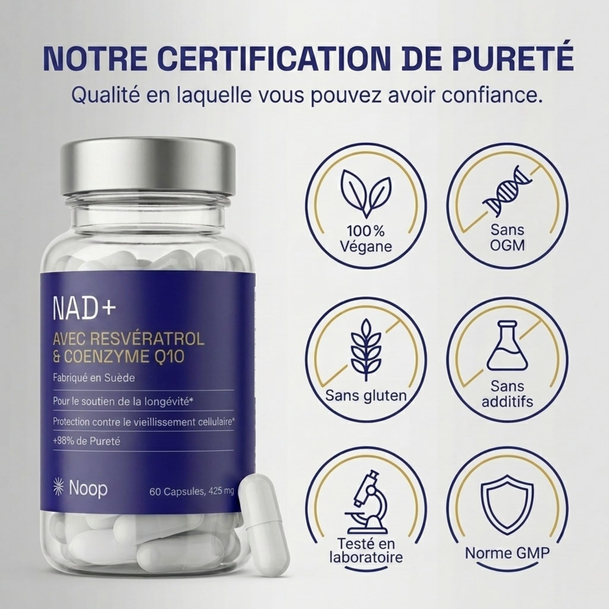 NAD+ Complexe Premium avec Resvératrol & Coenzyme Q10-425mg Formule Anti-Âge - Soutien Cellulaire & Énergie - Végan, Testé en Laboratoire - 60 Gélules - Fabriqué en Suède