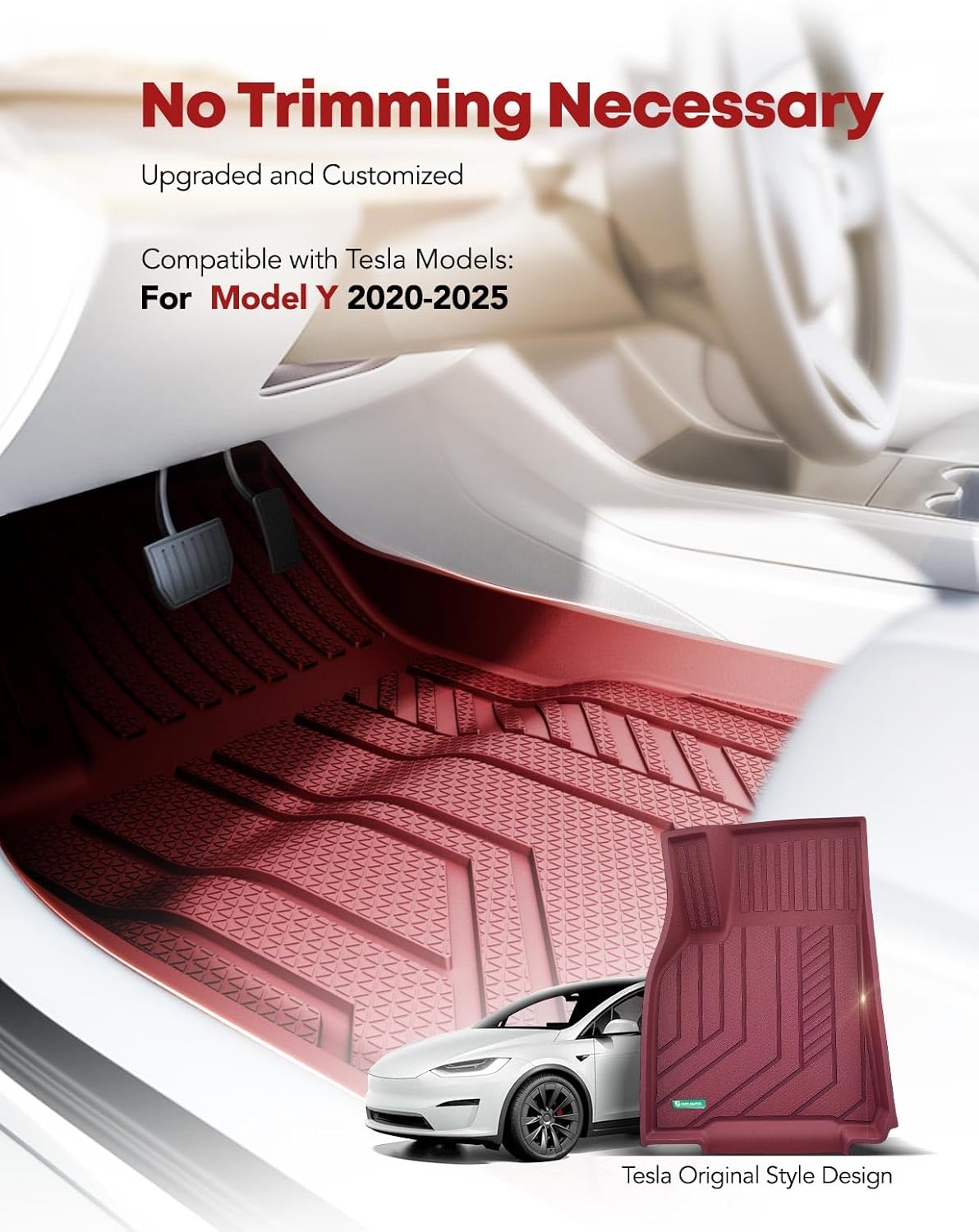 YHTAUTO Floor Mats Compatible with Tesla Model Y 2025-2020 (5-Seat Not for Juniper), All Weather TPE Car Carpet Liners, Anti-Slip Waterproof, Automatic Mats, 1st & 2nd Row, Set of 3, Red - Image 3