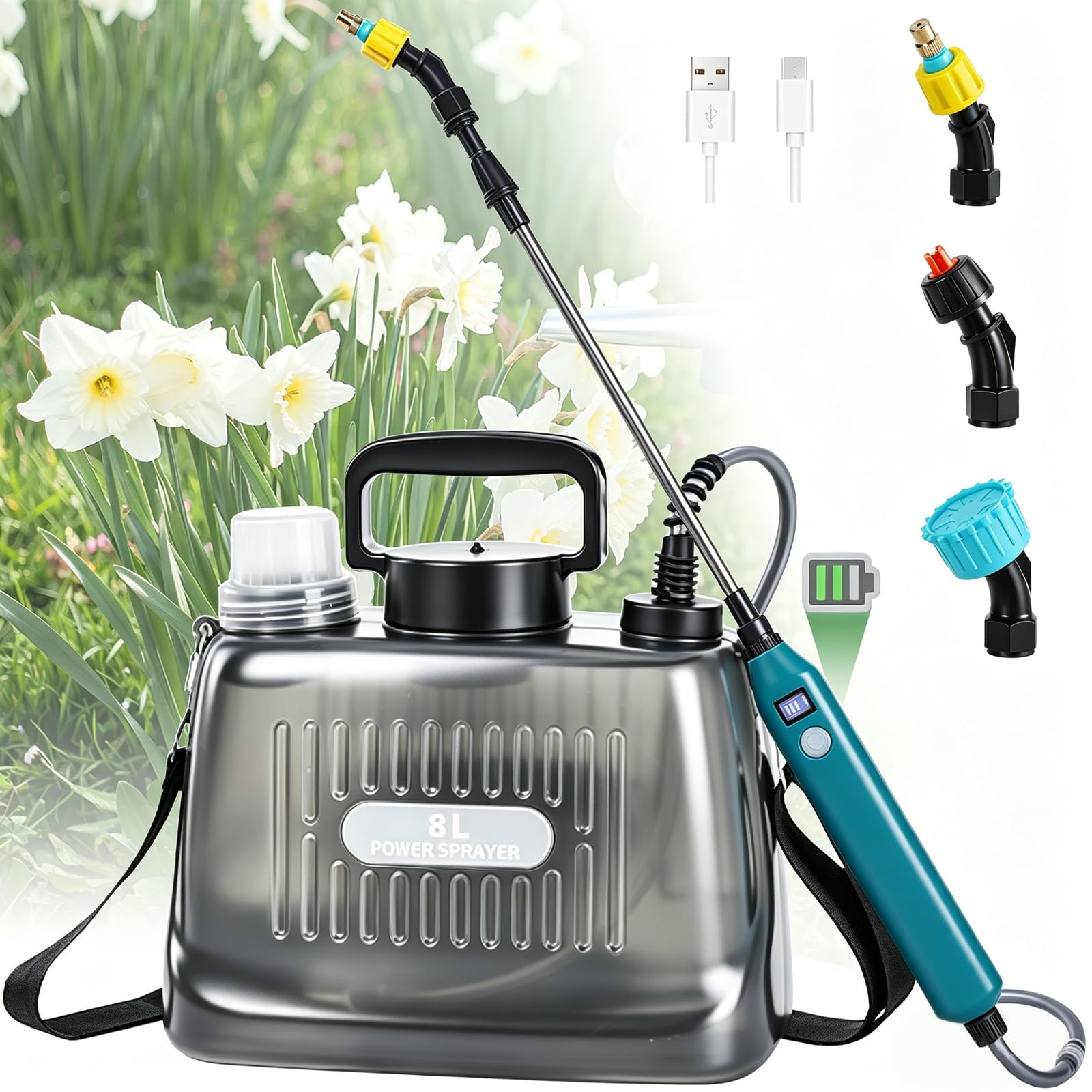 Spruzzatore Elettrico a Batteria per Piante, Nebulizzatore a Pressione da Giardino con 3 Beccuccio Regolabile, Spruzzatore a Zaino Irroratrice a Pressione Automatica, Trasparente (8L)