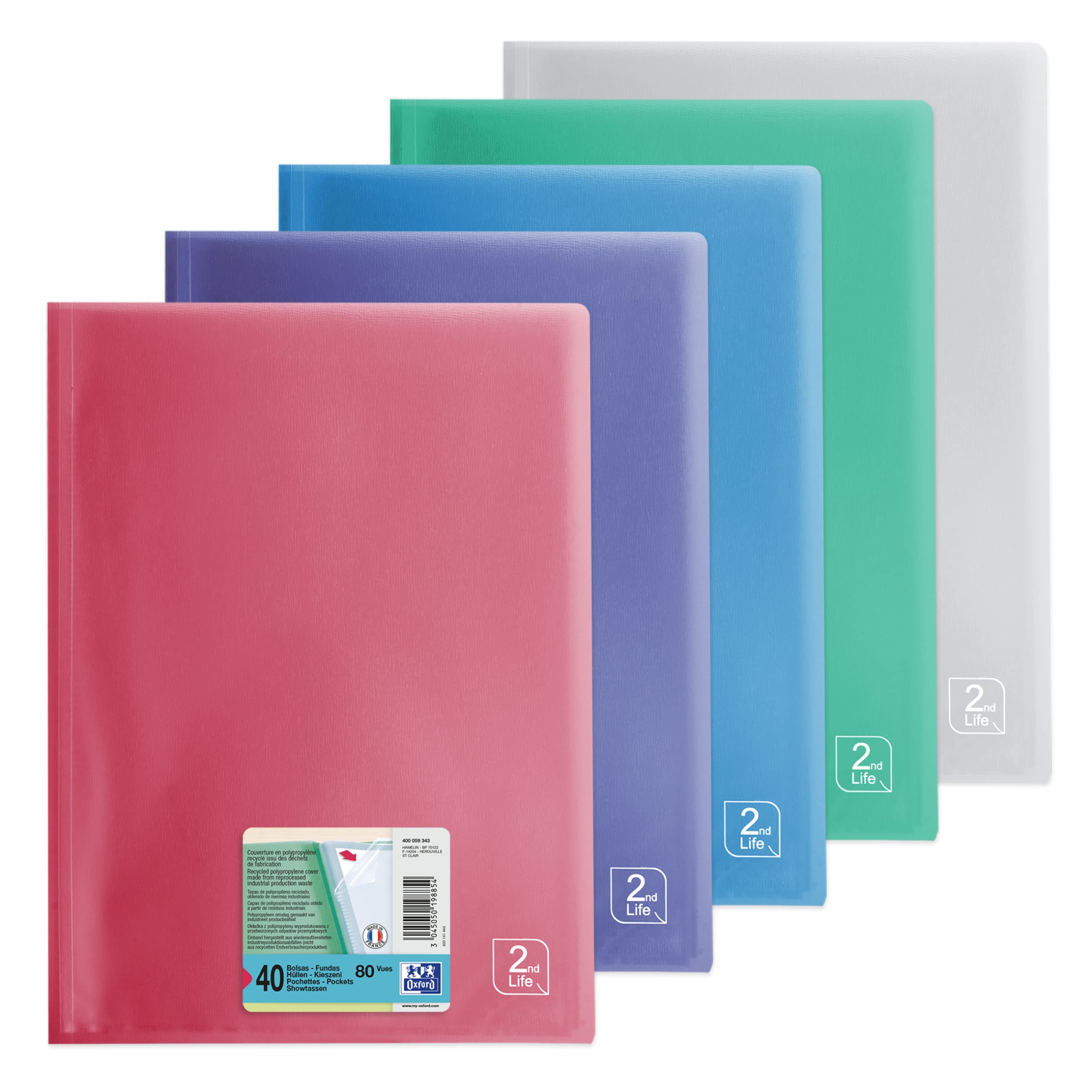 Protège-documents OXFORD 2nd Life A4 - 20 Pochettes Lisses (40 Vues), Couverture Polypro Recyclé, Coloris Assortis