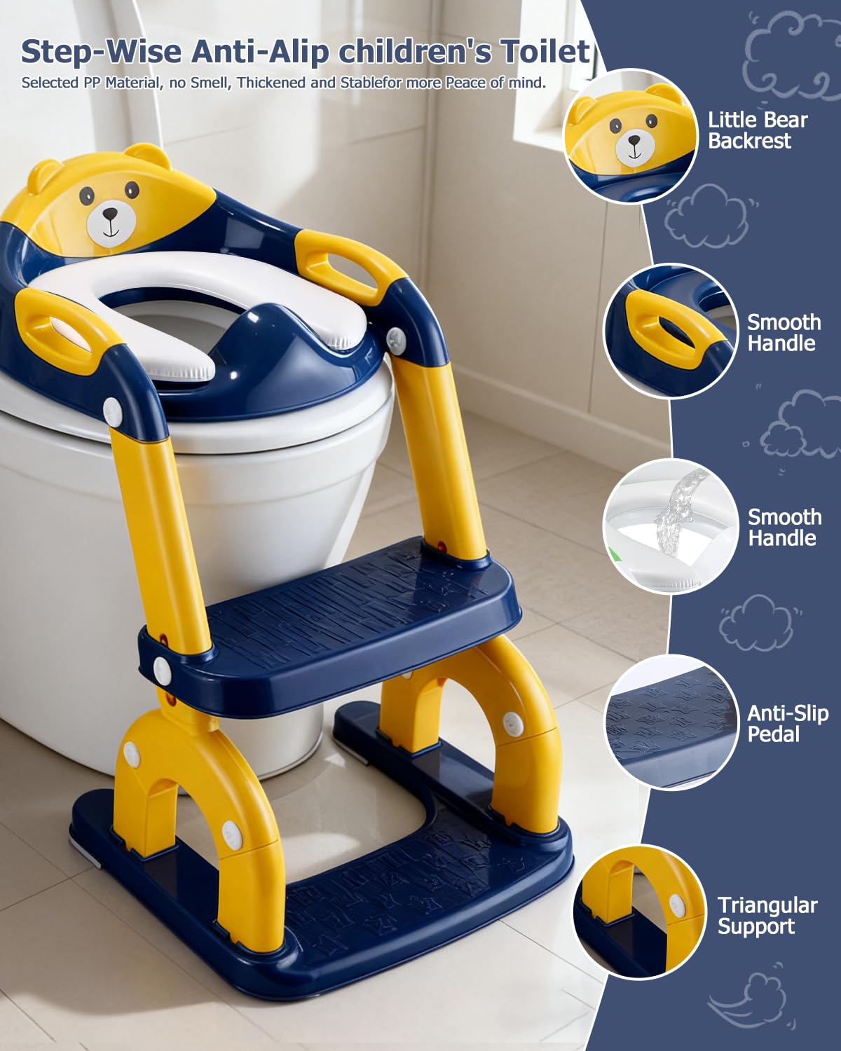 Siège de toilette pour enfant avec escalier - 2 en 1 - Avec siège rembourré - Hauteur réglable - Pliable - Marchepied antidérapant - Jaune
