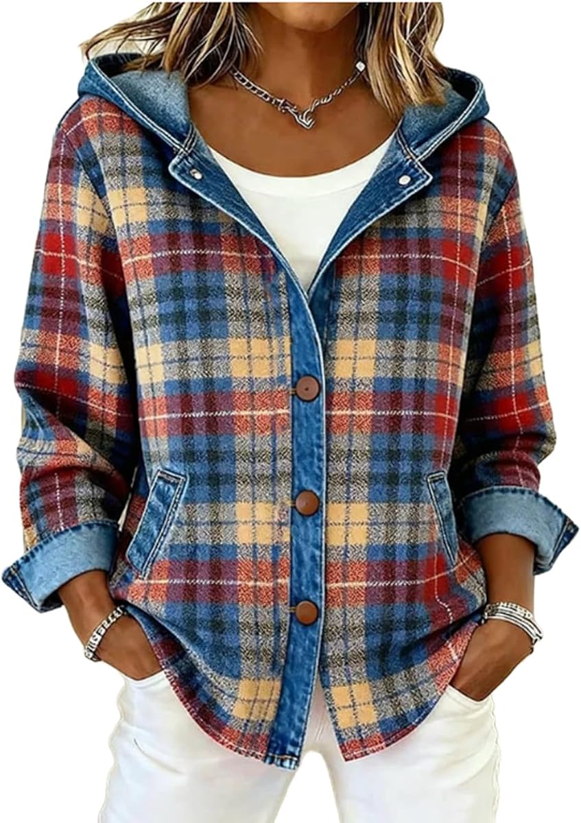 Hooded Plaid Jacket for Women Button Down Casual Shacket Coat