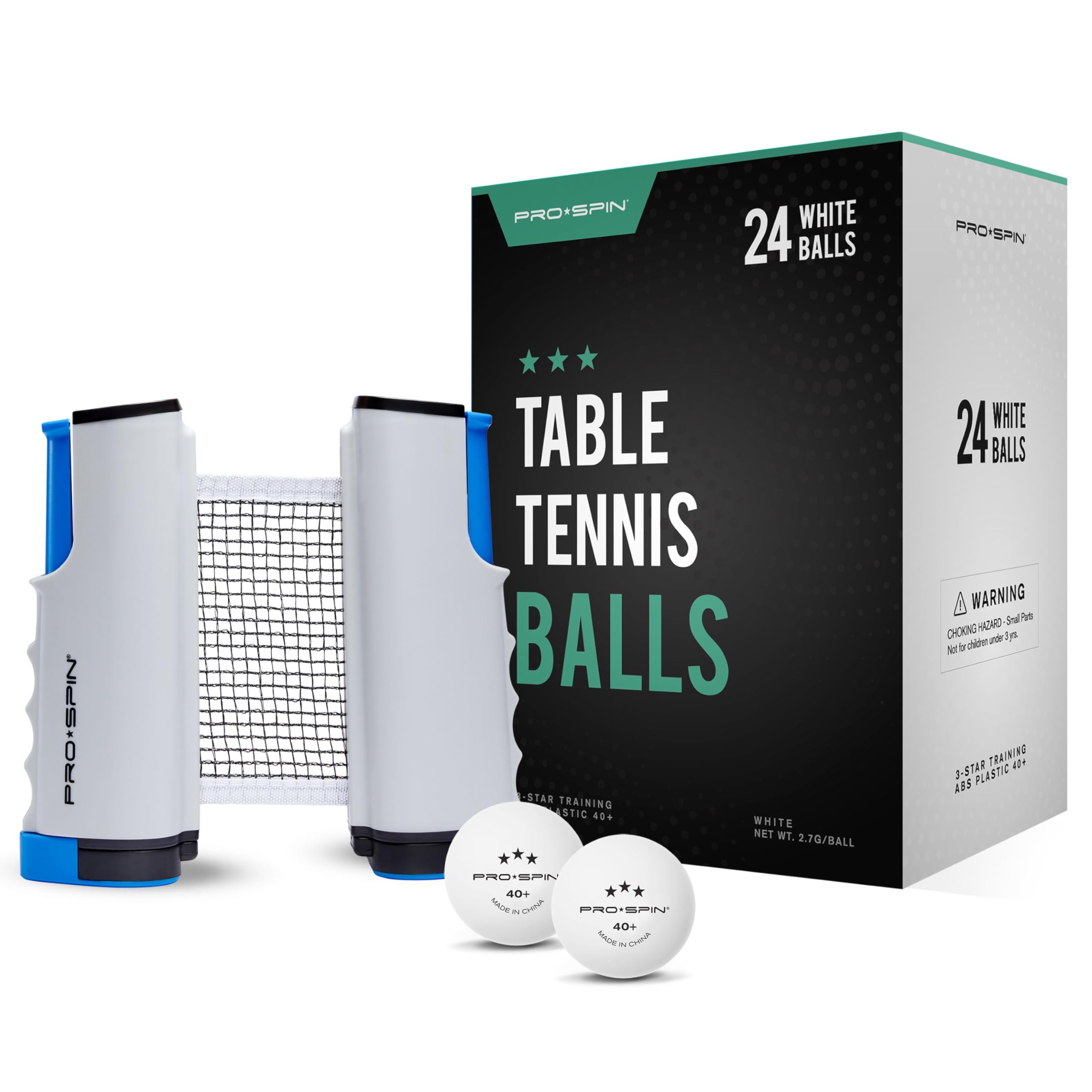 PRO-SPIN Ping Pong Bundle – Retractable Ping Pong Ne & 24 High-Performance Ping Pong Balls – Portable Table Tennis Net for Almost Any Table | Durable 40+ ABS Balls for Consistent Spin and Bounce