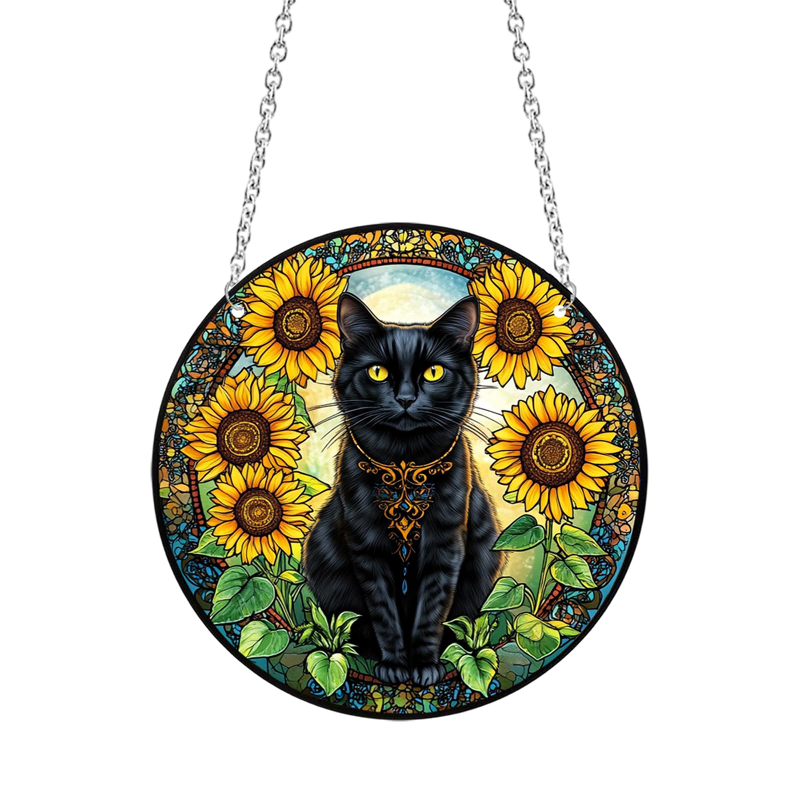 Xuoxeji Sunflower Cat Decor, 20cm/7.8in Black Cat Stained Acrylic Window Hanging, Black Cat Gifts for Cat Lovers (Cat 20cm/7.8in)
