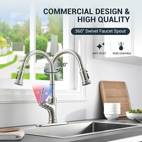 Miniatura 3 de APPASO Grifo de cocina con dispensador de jabón  Grifo de fregadero de cocina con rociador desplegable de una sola manija, níquel cepillado, grifos