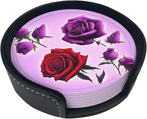 Red and Purple Roses Fashionable Printed Leather Coaster Set,A Set of 6 Pieces,4 Inches in Diameter,Adding an Artistic Atmosphere to Your Desktop