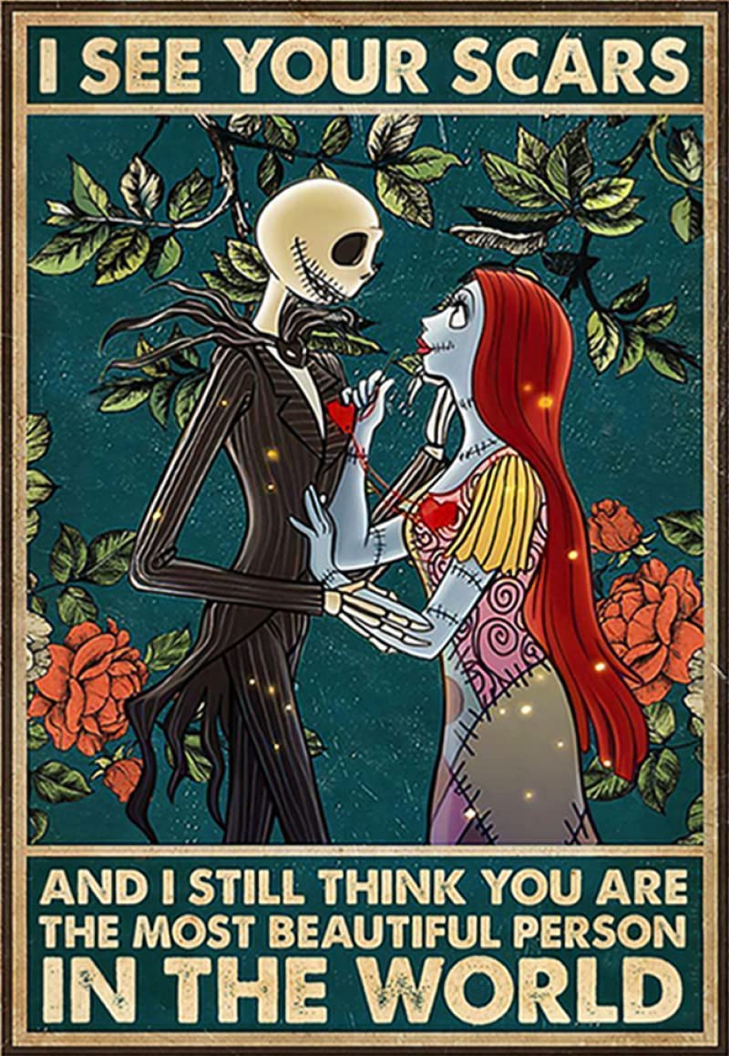 Bioprocess Tinsignc4580 Jack Skellington And Sally I See Your Scars Encouraging Quote Nightmare Before Christmas Novelty Wall Decor Poster Metal Sign 8X12 Inches