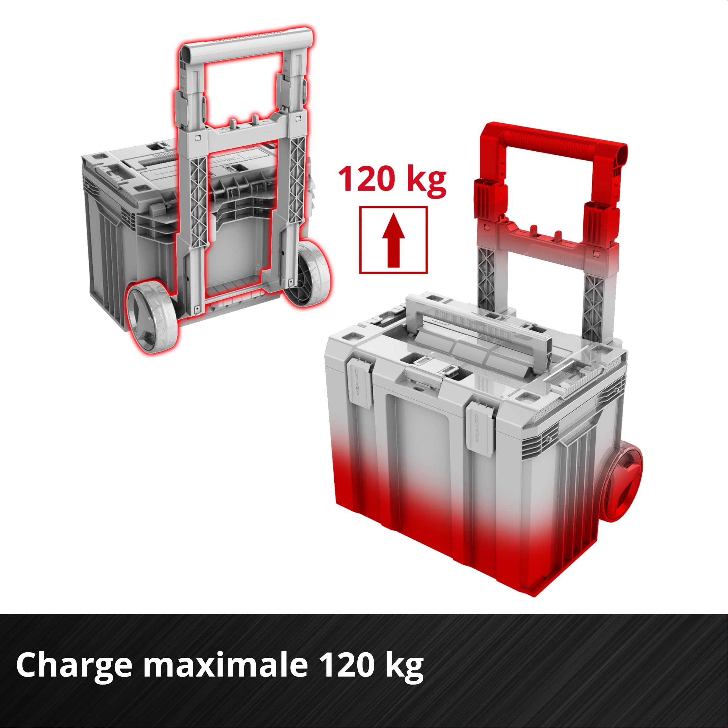 Original Einhell E-Case Rolling Workshop SEALED (servante d’atelier composée de 3 mallettes, max. 120 kg, étanche à la poussière + projections d’eau, 44 x 40 x 70 cm, avec rails latéraux)