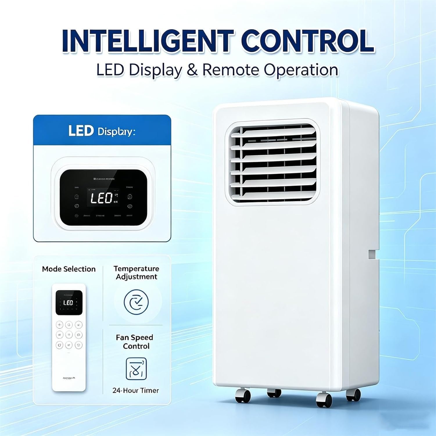 LONGCAO Aire Acondicionado Portátil 7000 BTU, 4-en-1 Enfriador y Deshumidificador con Mando a Distancia, Pantalla Digital, Silencioso, para Habitaciones hasta 10 m²