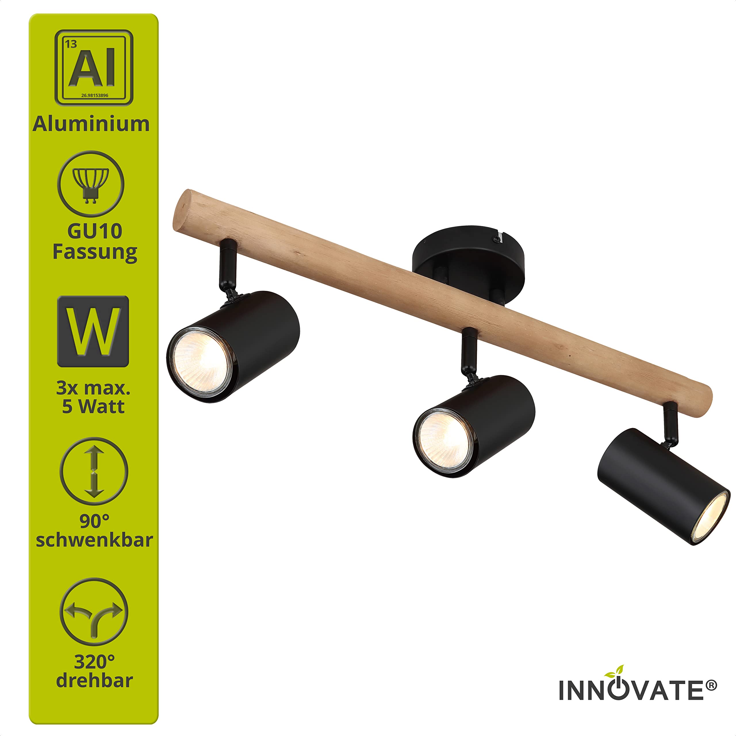 INNOVATE LED Spotbalken Holz | GU10 Deckenlampe Spot | LED Deckenleuchte Schwenkbar | Spotleuchte drehbar für Küche, Wohnzimmer, Schlafzimmer | Wandleuchte Holz | Deckenstrahler 3 flammig