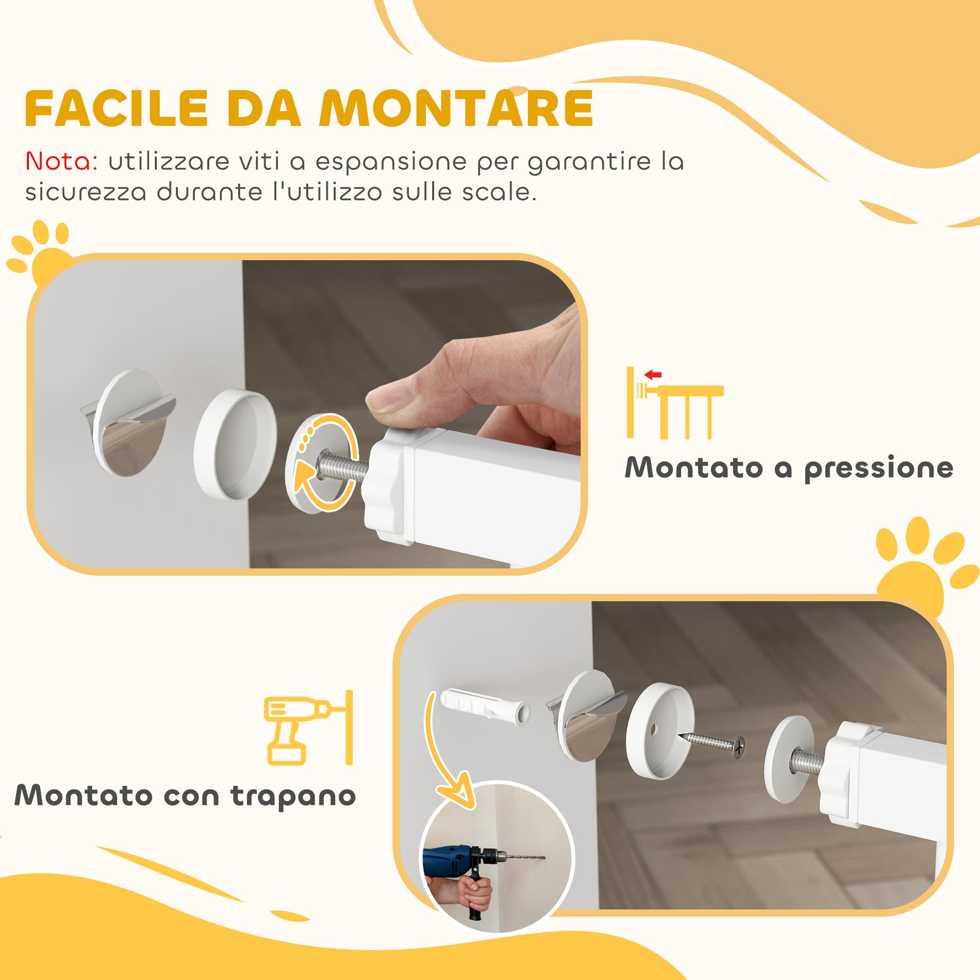 PawHut Cancelletto di Sicurezza per Cani con Fissaggio a Pressione, Cancellino per Cani Estensibile 76-97cm per Scale e Porte, Bianco