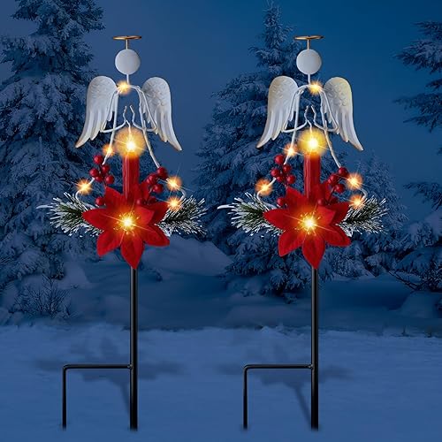 Miniatura 4 de 2 piezas de decoración solar de Navidad para patio, decoración de estaca de ángel de metal, luces solares de ángel al aire libre con vela LED para