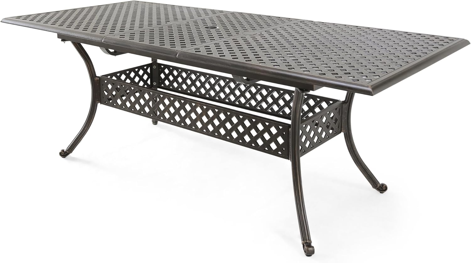 Bronze Extendable Dining Table for Garden Lawn Backyard Poolside Retro Cast Aluminum Metal Outdoor Table for 8 People Rectangular Patio Dining Table with Umbrella Hole Lattice Pattern Curved Legs
