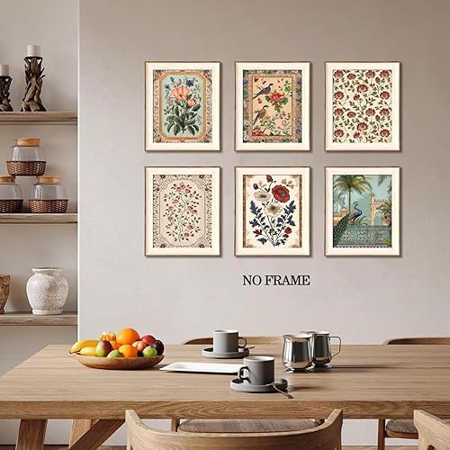 Miniatura 9 de Juego de 6 pósteres de arte para pared con diseño floral vintage, cuadros rústicos de pájaros y flores, pinturas botánicas neutrales retro de pavo