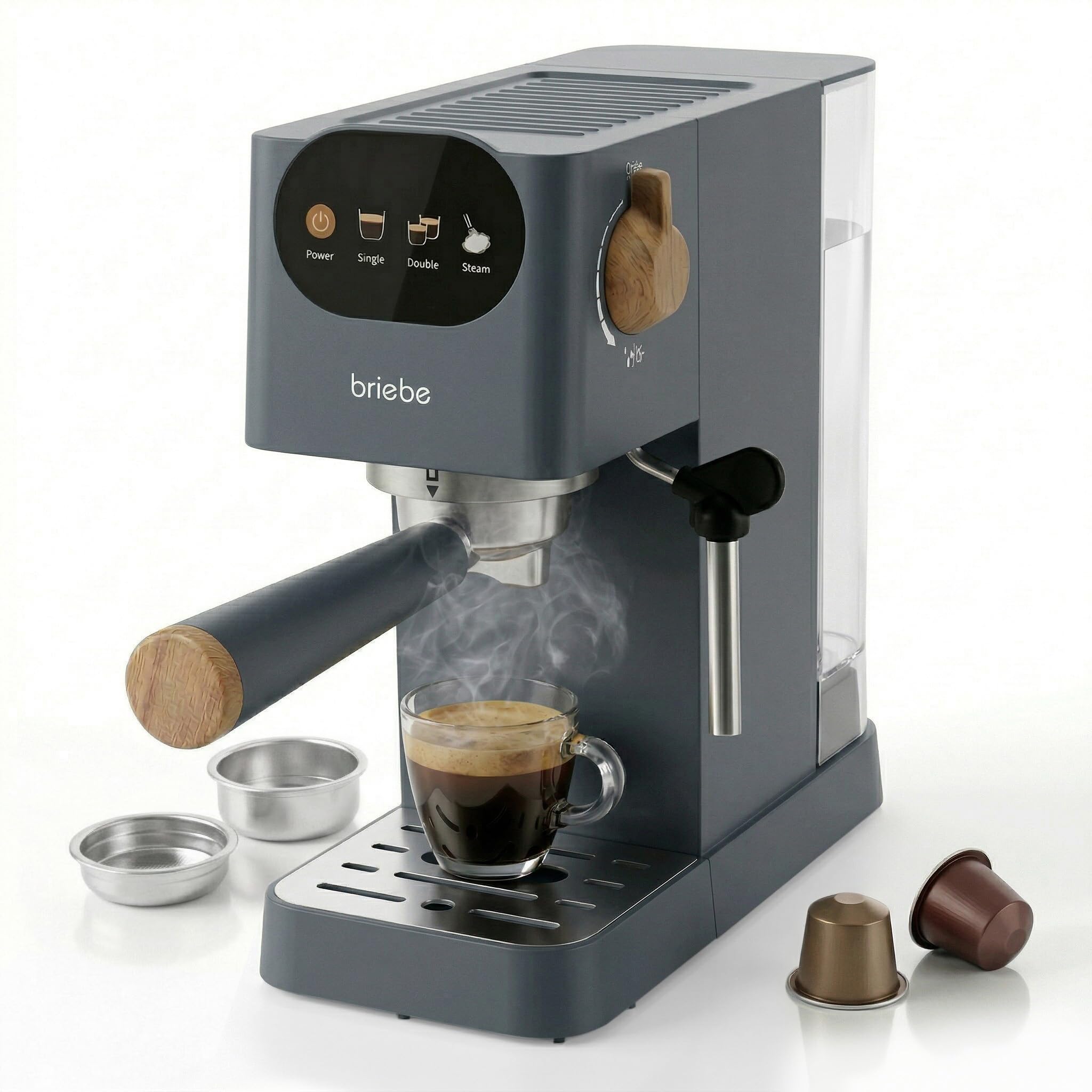 briebe Nordic Cafetera Espresso 20 Bares Compatible Cápsulas Nespresso y Café Molido, Máquina Café Semiautomática Profesional 1350W, Espumador Leche, Pantalla Táctil, 1,2L, Diseño Nórdico, Gris
