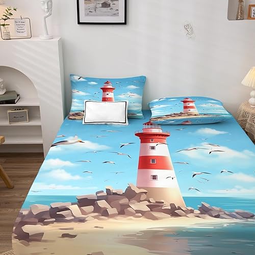 Miniatura 3 de Lighthouse Sábanas tamaño Queen  Sábanas náuticas, microfibra suave, bolsillo profundo, sábanas y fundas de almohada estampadas sin arrugas, 4