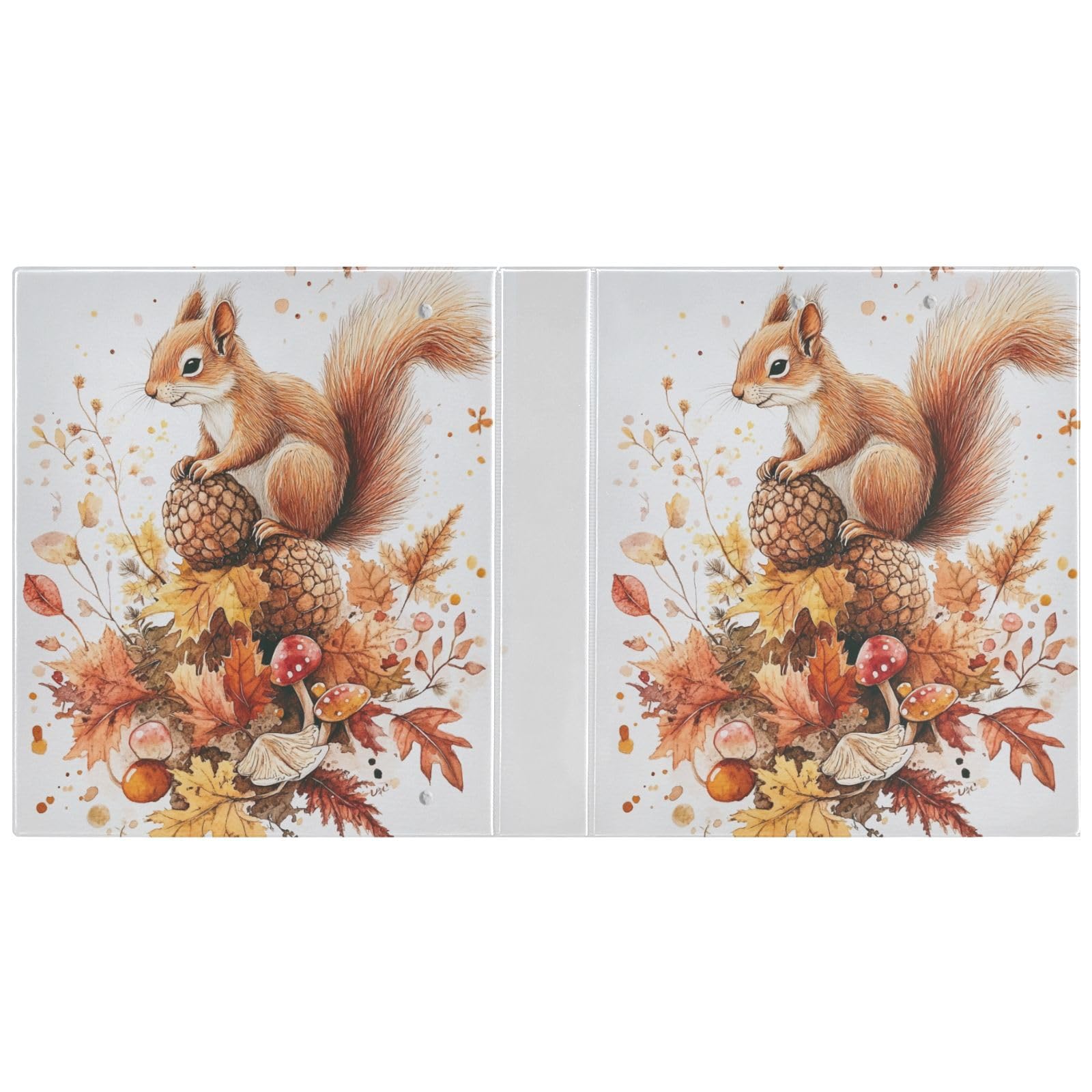 Raccoglitore a 3 anelli con foglie autunnali arancioni e scoiattolo, 3,8 cm, decorativo, con portablocco e 3 tasche trasparenti, contiene 200 fogli di carta formato A4, impermeabile, per scuola, casa