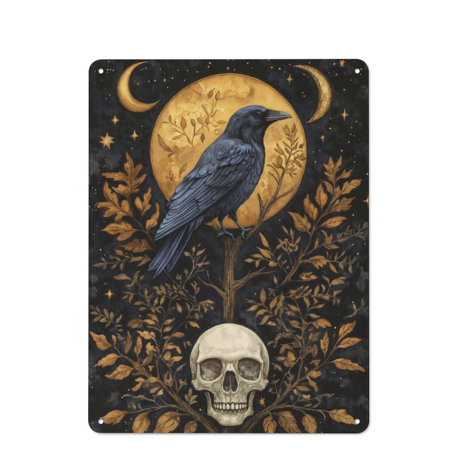 Junmoney Mystical Raven And Skull Under Golden Moon Vintage Tin Sign 40X30cm For Garden Room Or Summerhouse, For A Newly Organised Room And Metal Sign Display