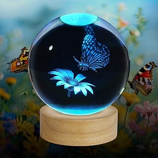 3D Butterfly Crystal Ball Night Light, Upgraded 3.15 Inch Glass Ball Lamp with 16 Color LED Wooden Base, Butterfly Lamp Bedroom Decor Birthday Christmas Butterfly Gifts for Kids Friends