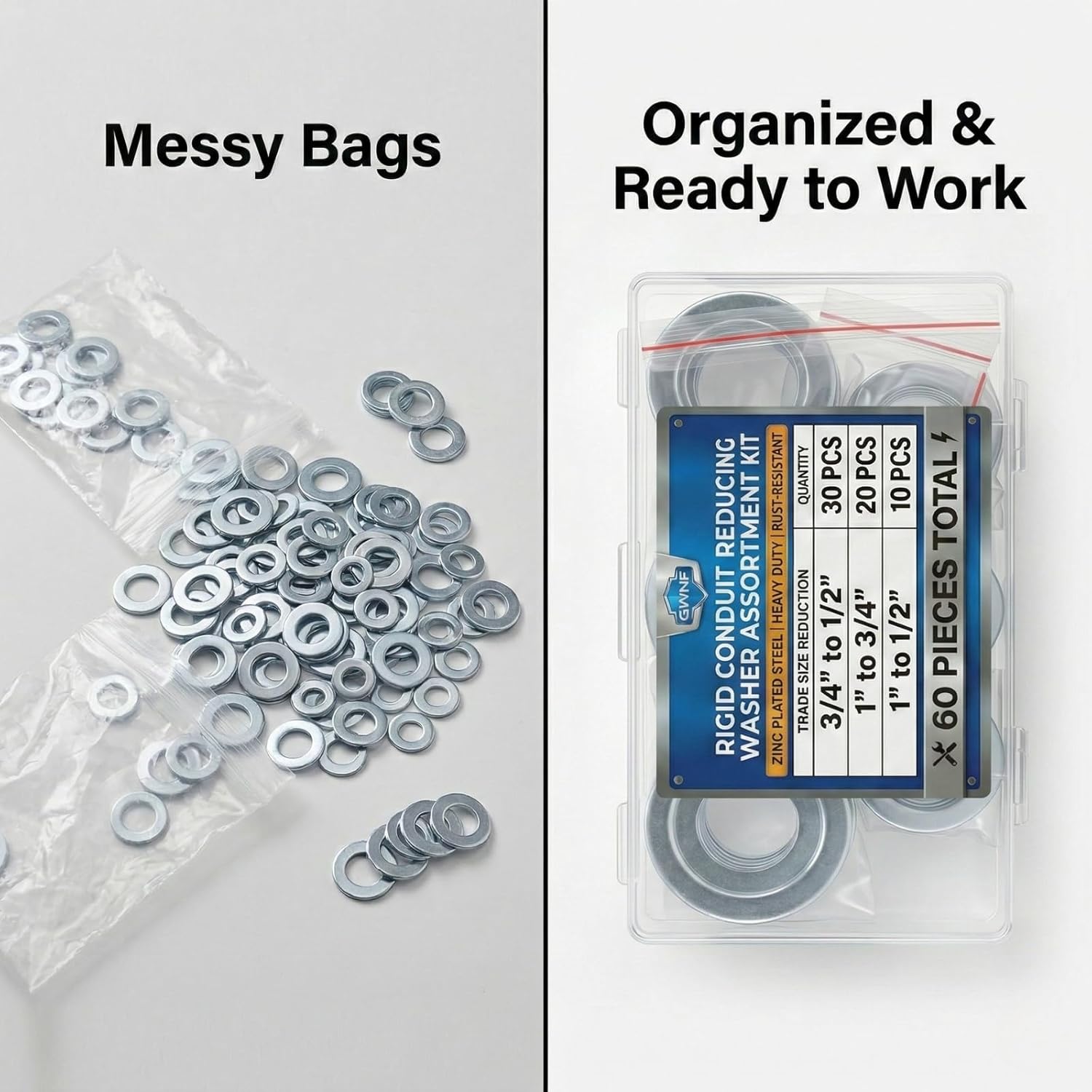 60 Pcs Rigid Conduit Reducing Washer Assortment Kit, 3/4" to 1/2", 1" to 3/4", 1" to 1/2" Trade Sizes, Zinc Plated Steel Knockout Reducers for Electrical Outlet Boxes, Heavy Duty Rust-Resistant