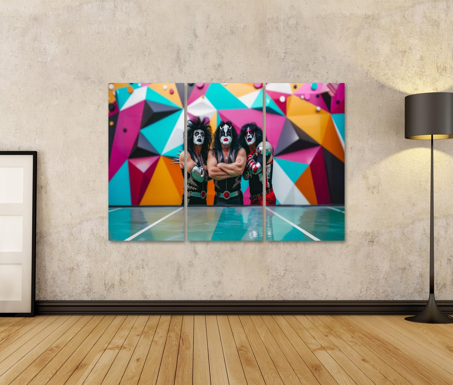islandburner Quadro su tela Costumi colorati e trucco rock band su sfondo geometrico per soggiorno amanti della musica negozio immagini murali poster