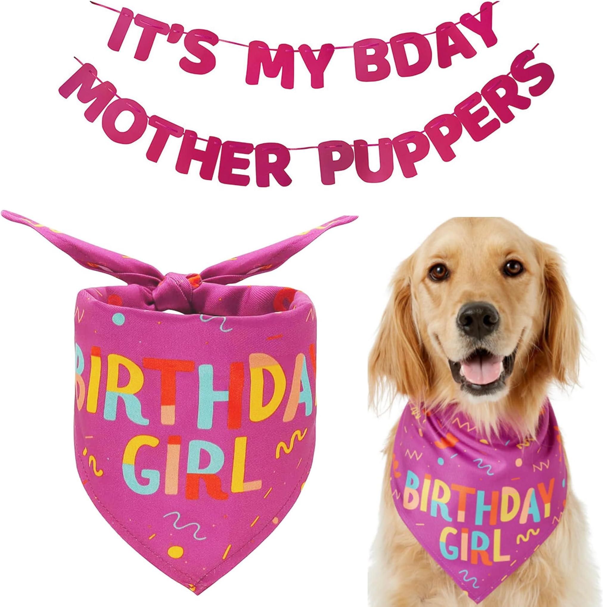 Birthday Bandana Banner Set, Party Supplies, Triangle Scarf Bandanas, It's My Bday Mother Puppers Sign for Medium & Large Dogs Pets (Pink, L)