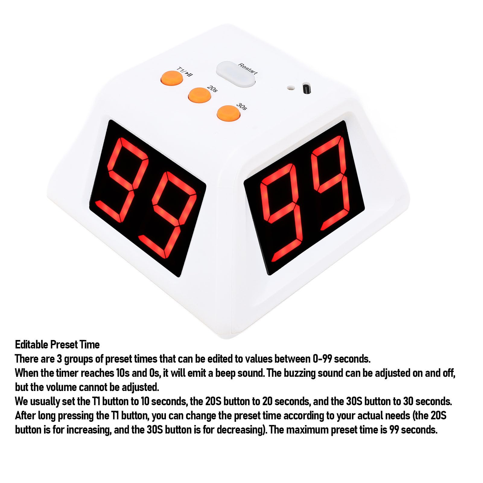 4-seitiger Digitaler Timer, 1,4-Zoll-LED-Bildschirm, 3 Voreingestellte Zeiten mit Summer, Ideal für Schach, Tischspiele und Countdown-Stoppuhr