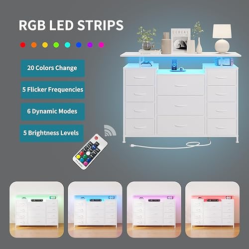 Miniatura 6 de LUMTOK Cómoda de 11 cajones con cajones de tela, estación de carga, luces LED y estantes para organización de almacenamiento de dormitorio