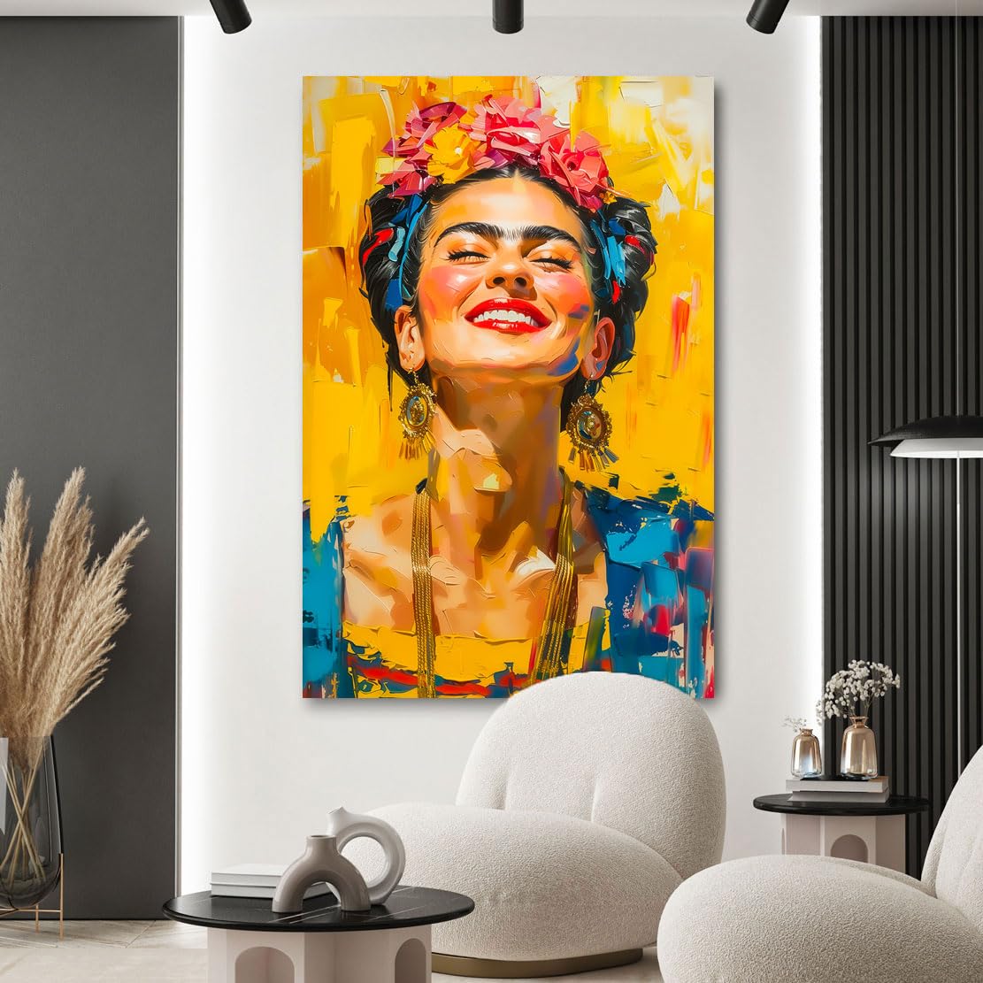 Kunstgestalten24 | Frida Kahlo Smile Abstrakt Modern Leinwand-Bild | mit Echtholz-Keilrahmen | Leinwandbild Wandbild Gemälde Kunst Art | Hochwertige Kunstdrucke | XXL Bilder auf Leinwand