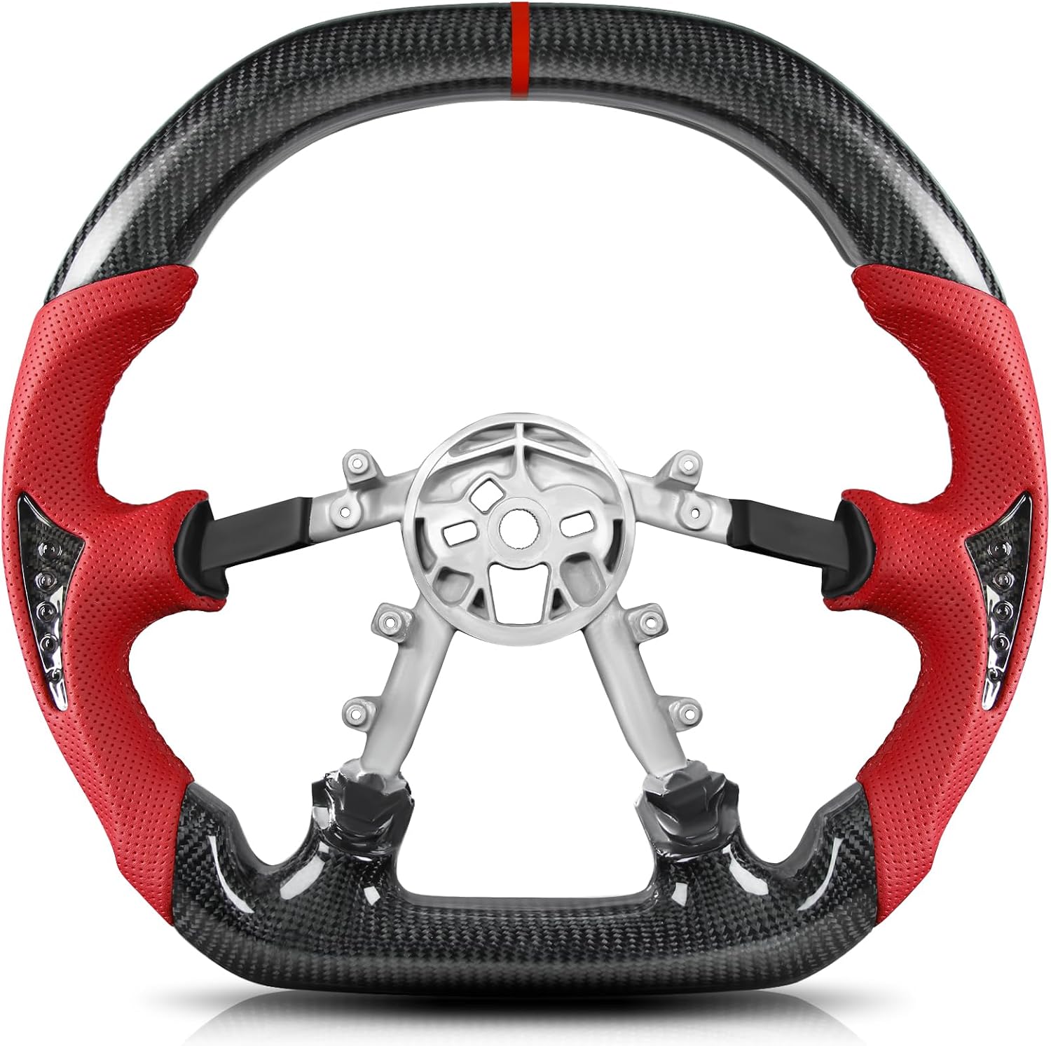 Real Carbon Fiber Steering Wheel for Corvette C5 1997-2004, Double D Flat-Top & Flat-Bottom, Red Nappa Leather with Black Carbon Inlays, Red Stripe, Fits for Corvette C5 Base/Z06