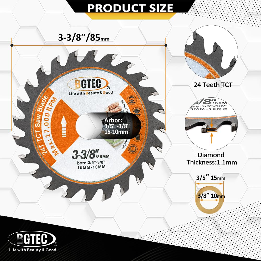 TCT Carbide Wood Saw Blade - BGTEC Wood Cutting Wheel 10 PCS 3-3/8"/85mm 24T with 15mm Arbor for Angle Grinder to Cutting Wood Plastic