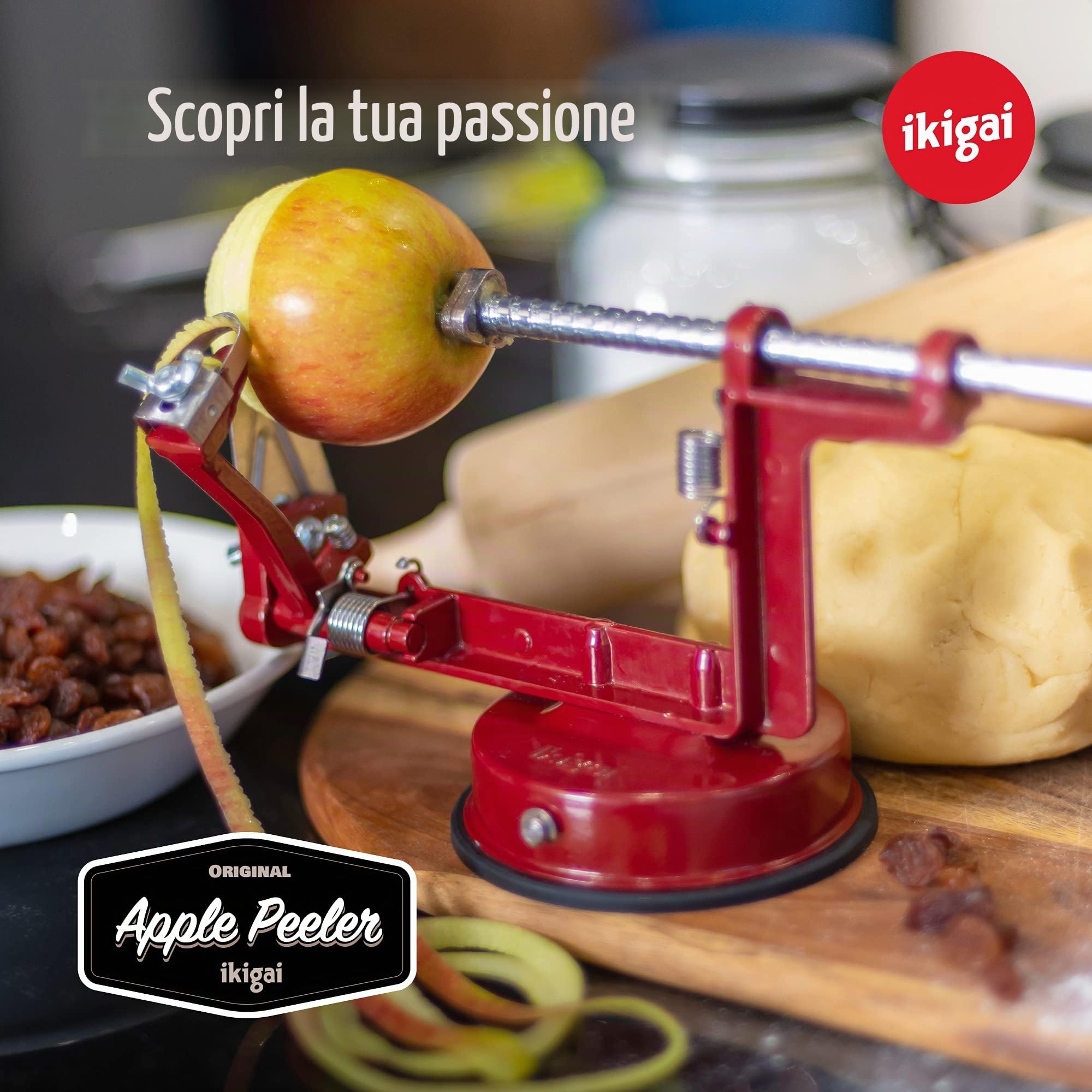 Ikigai Sbuccia Mele - Pela Mela Con Ventosa - Sbucciatore di mele - Sbuccia Mela a Manovella - Pela Frutta - Include 3 lame di ricambio
