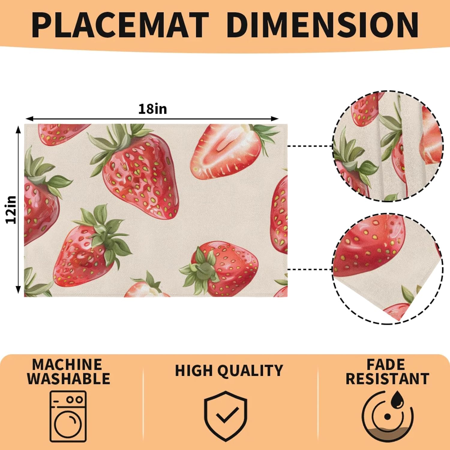 Juicy Strawberry Heat-Resistant Placemats Set of 6, Non-Slip Table Mats for Dining, Washable Polyester Linen Place Mats for Wedding, Party, Home Decor (18x12 Inch)