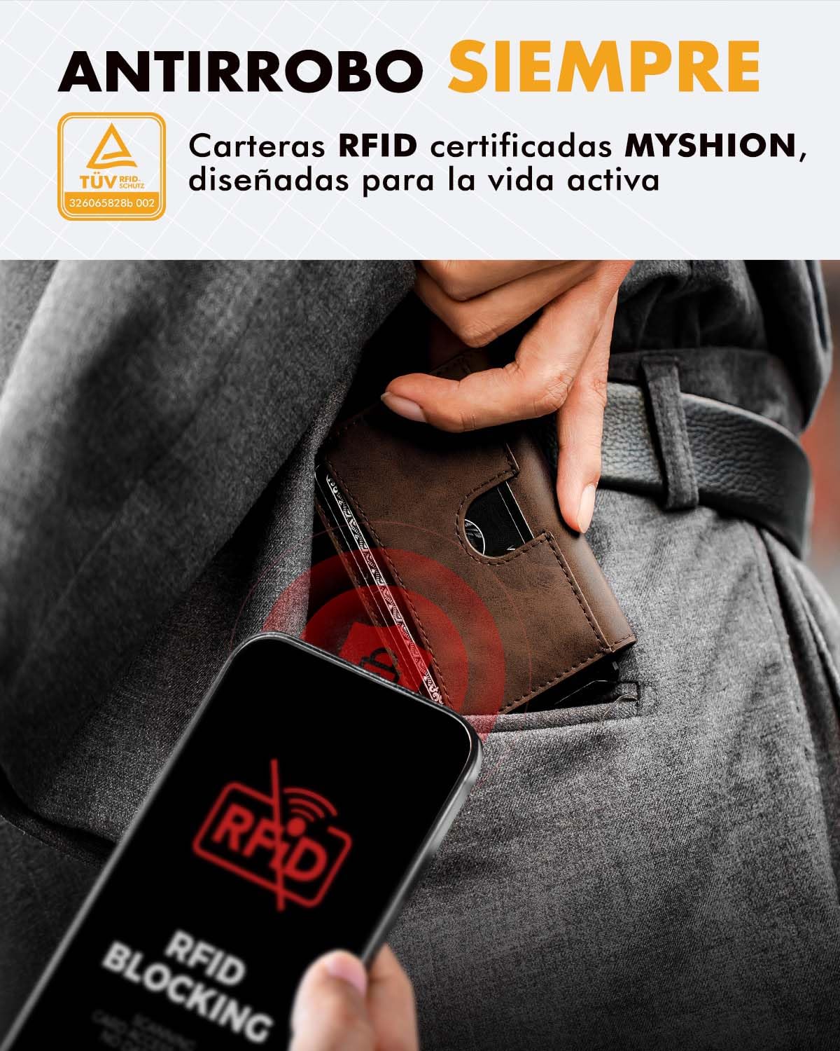 Carteras para Hombre con Protección RFID, Cartera Pop-Up Pequeña para 8–11 Tarjetas, Tarjetero Delgado para Hombre con Clip para Dinero, Ventana ID y Orificio para Llavero (Marrón)