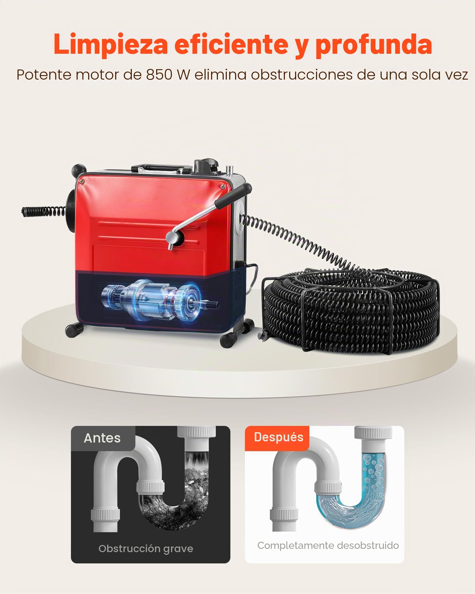 VEVOR Desatascador de Tuberías Eléctrico 850 W 1400 RPM con Cable de Resorte de 14,5 m x 16 mm, 14 m x 22 mm, 5 m x 9,5 mm, 0,4 m x 12 mm y 11 Cabezales de Limpieza, Apto para Tuberías de 50 a 220 mm