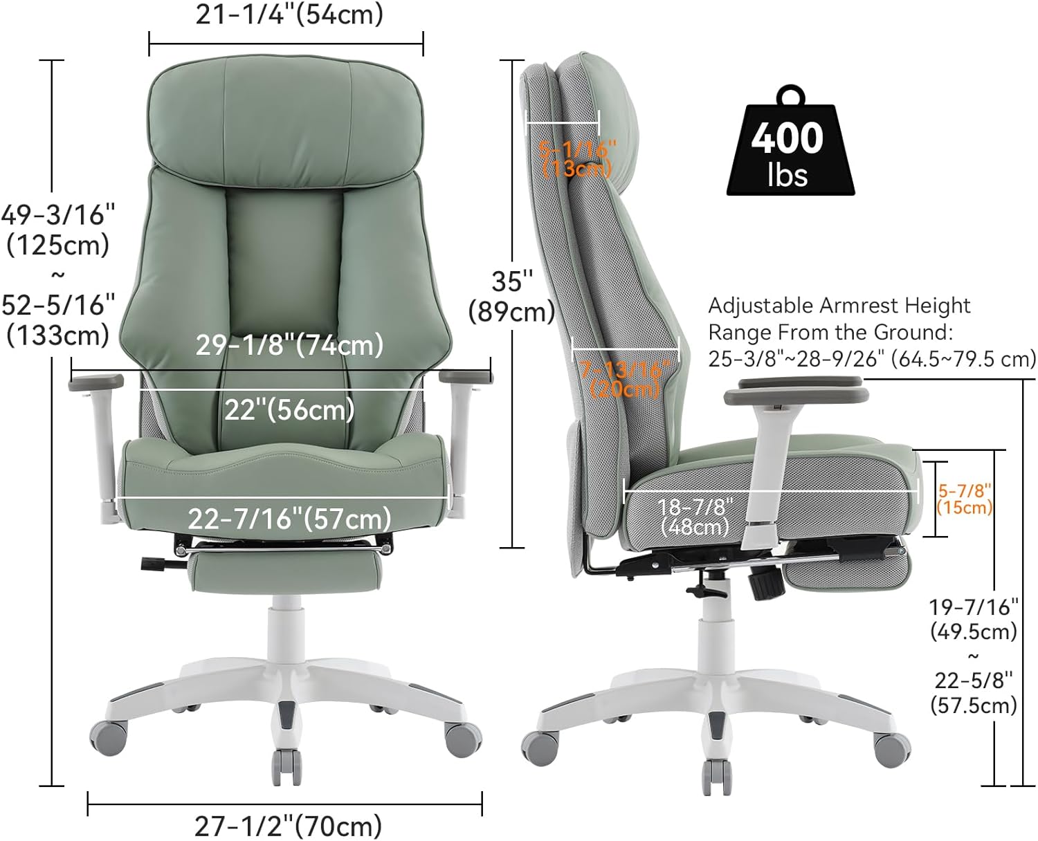 Diagram showing dimensions and components of the Efomao Office Chair