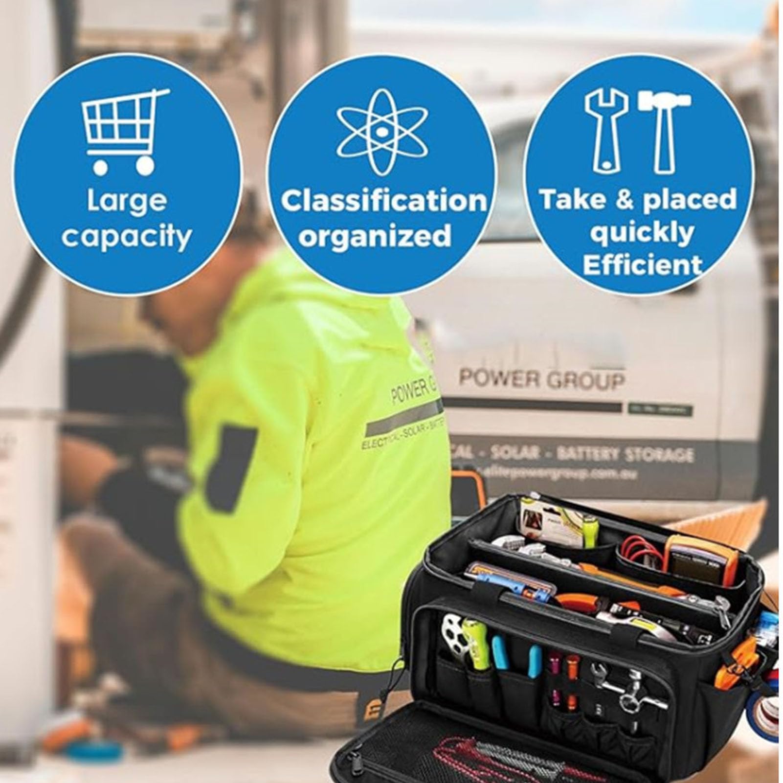 Fockety Borsa portautensili, organizer per cassetta portautensili portatile e resistente, di grande capacità, con maniglia e tasche multiple, bocca larga, per elettricisti