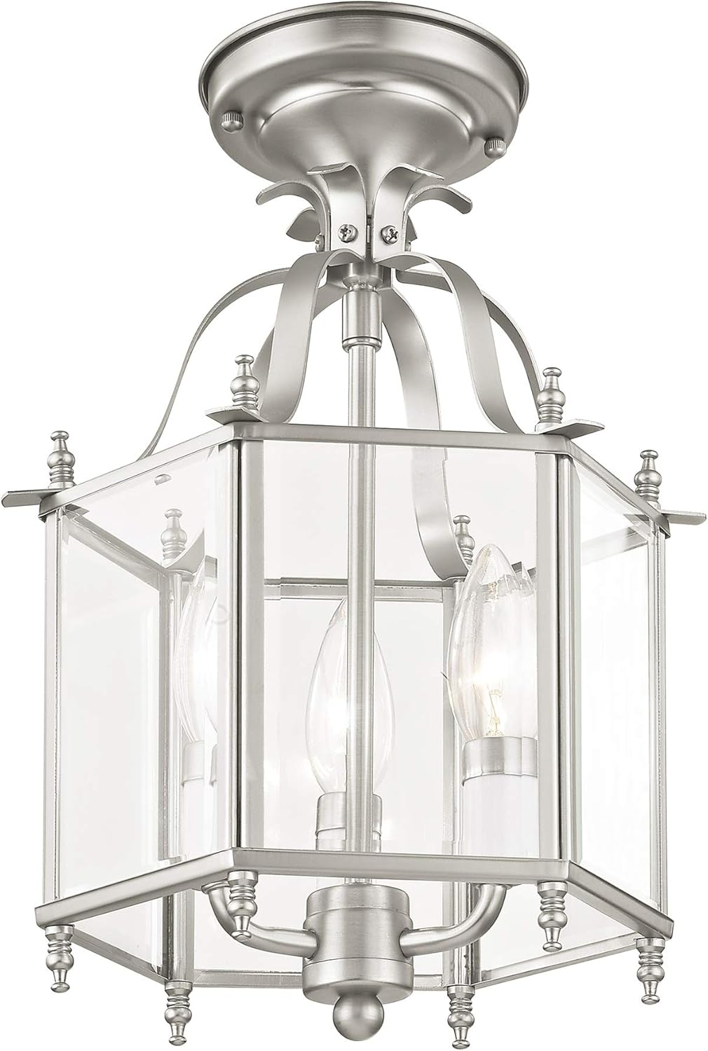 Livex Lighting 4403-91 Home Basics 3 Light Brushed Nickel Hanging Lantern or Flush Mount Chandelier with Clear Beveled Glass