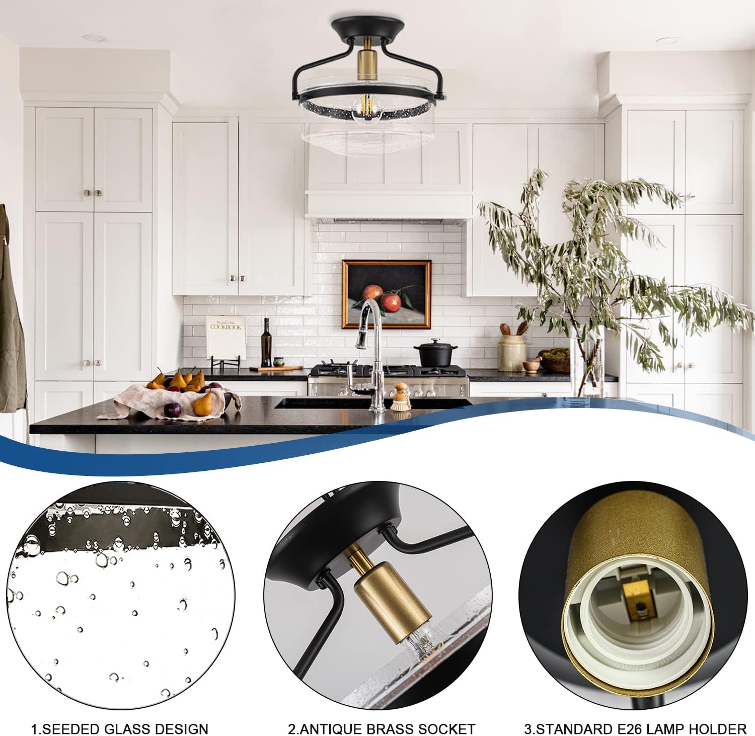 Semi Flush Mount Ceiling Light, 11.2" Farmhouse Light Fixtures for Hallway Entryway Porch Kitchen Bedroom, Modern Black Ceiling Light Fixture with Seeded Glass Shade and Brass Socket