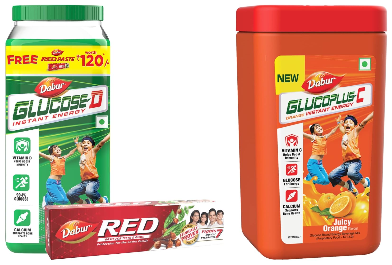 Dabur GlucoPlus-C Instant Energy Glucose Juicy & Tasty Orange Flavour - 400g Jar + Dabur Glucose D Instant Energy Glucose Juicy & Tasty - 1 kg with Dabur Red Paste 200g free-image-28