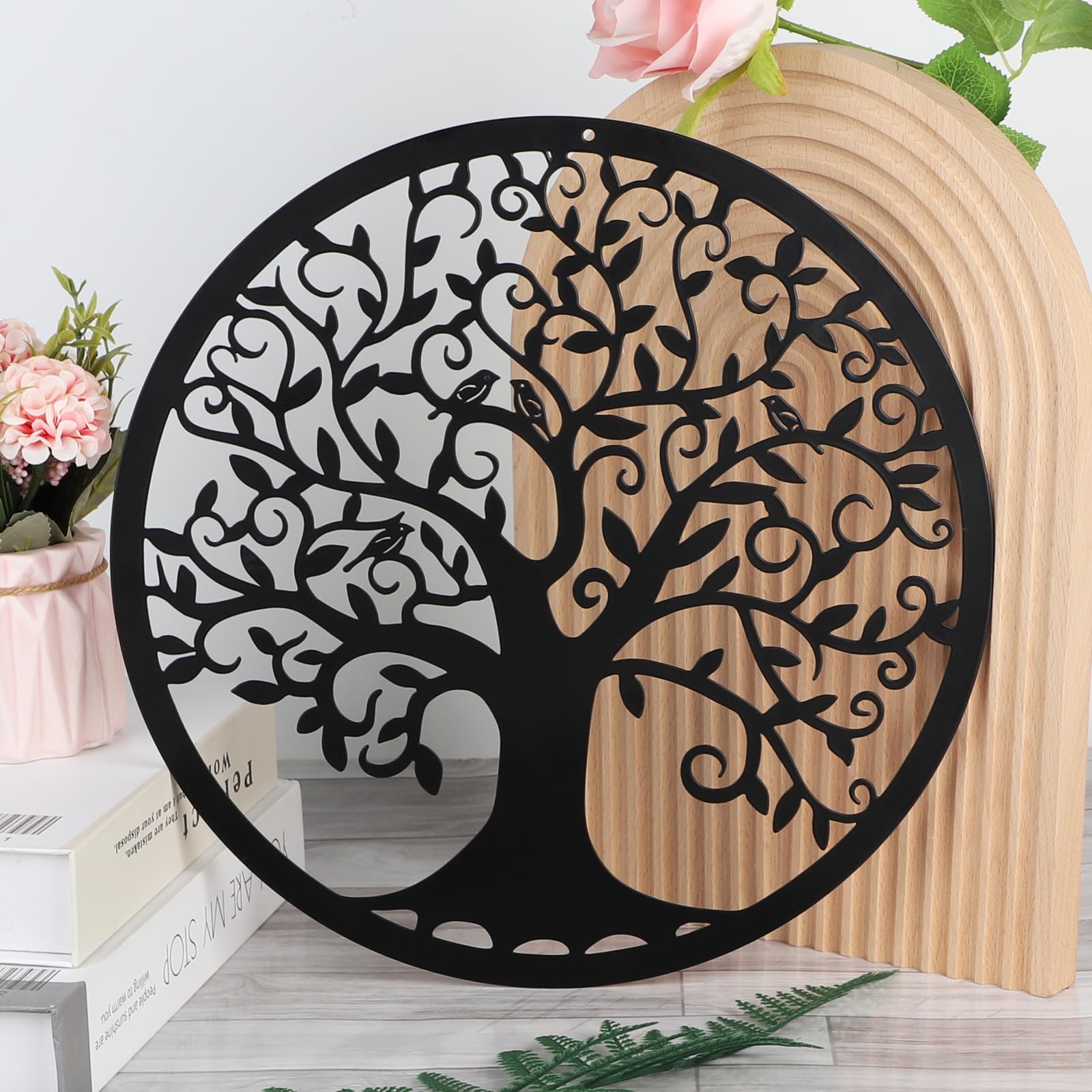 Pduoduo 50cm albero della vita con cane,lbero della vita in metallo decorazione murale Silhouette Art per La Casa Camera Da Letto Soggiorno Ufficio Giardino (19,7 pollici