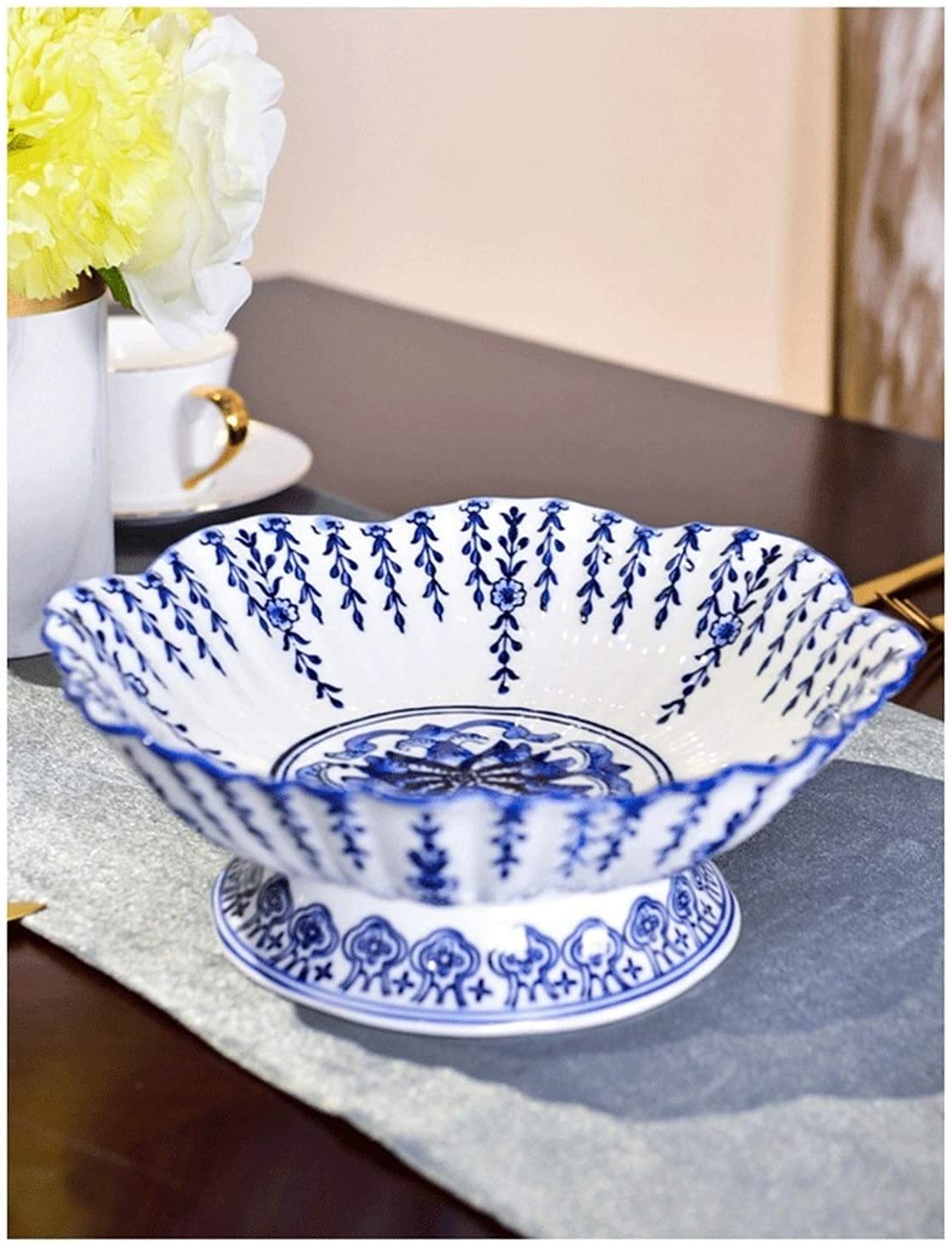 Ciotola Di Frutta In Ceramica Blu E Bianca Con Fori, Piatto Portafrutta Decorativo A Piedistallo Per Cucina