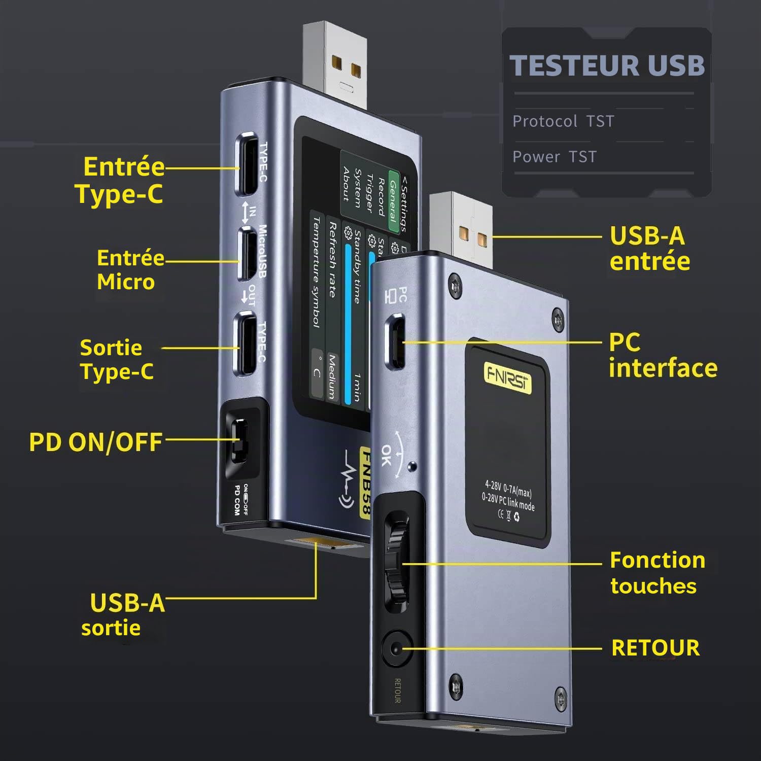 FNIRSI USB-Tester 4-28V 7A LCD-Display USB-A & USB-C, Spannungs-Stromprüfer Multimeter, Kapazitäts- & Restwelligkeitsmessung mit App-Software, Schnellladeerkennung,PD2.0/PD3.0, QC2.0/QC3.