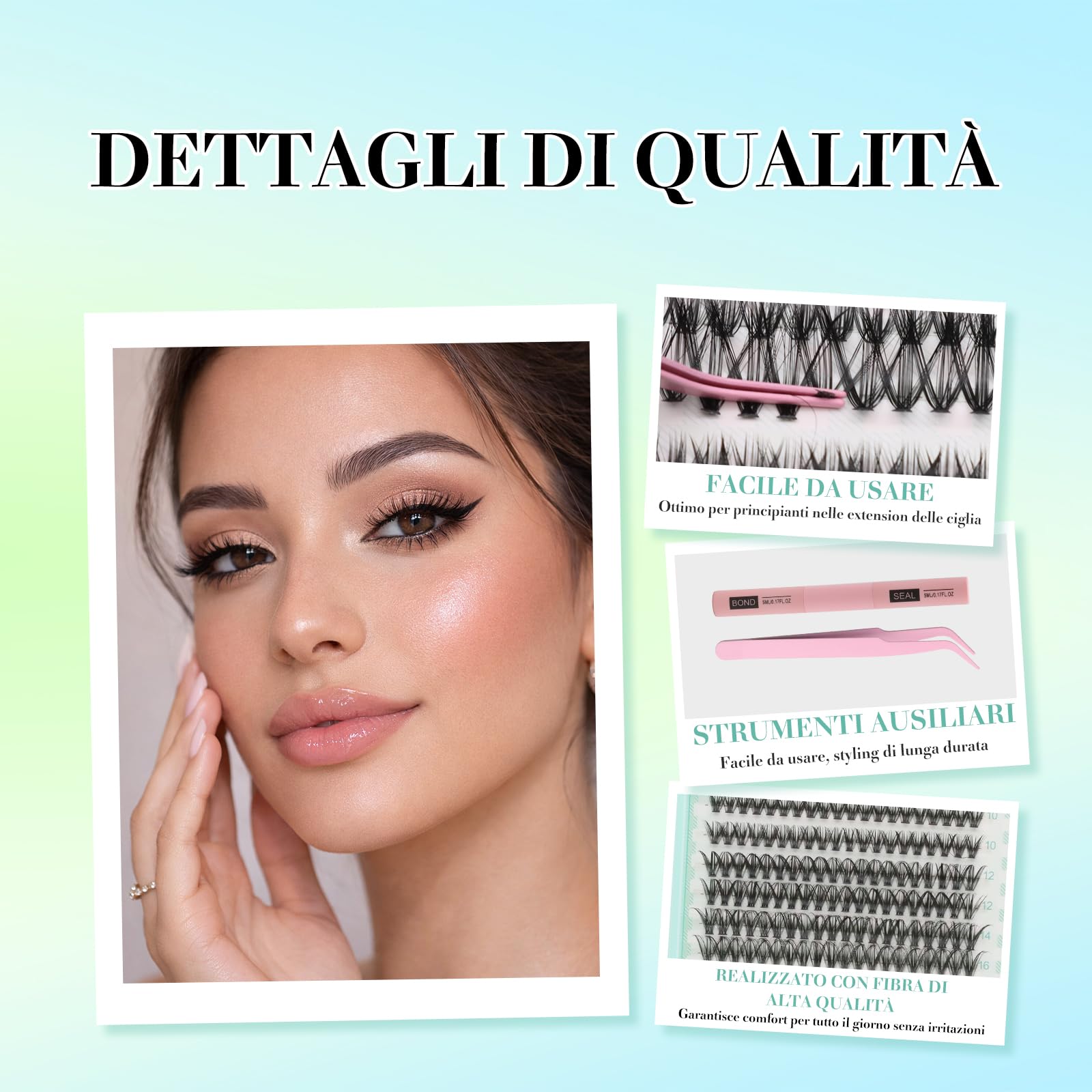 VEGCOO 640 Pezzi Ciglia Finte Extension Ciglia, 30D-40D-50D-60D Curl Ciglia Finte Ciuffetti, 8-16mm Kit di Extension per Ciglia, DIY Eyelash Extension per Donne Principianti,Confezione regalo verde