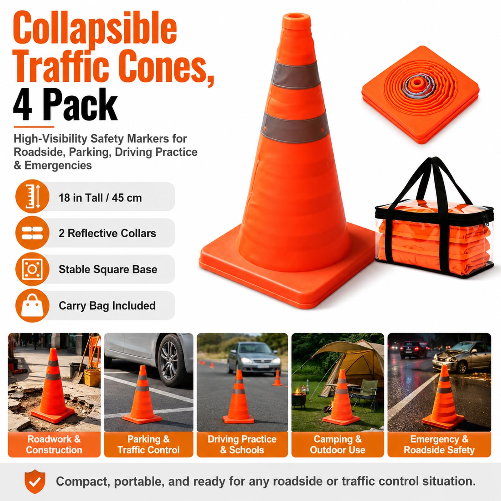 4 Pièces Cônes De Sécurité Pliables 45cm Cônes De Signalisation, Cône D'avertissement Réfléchissant Cône De Trafic Pliable Cônes De Sécurité Für Régulation du Trafic Et Chantiers Orange