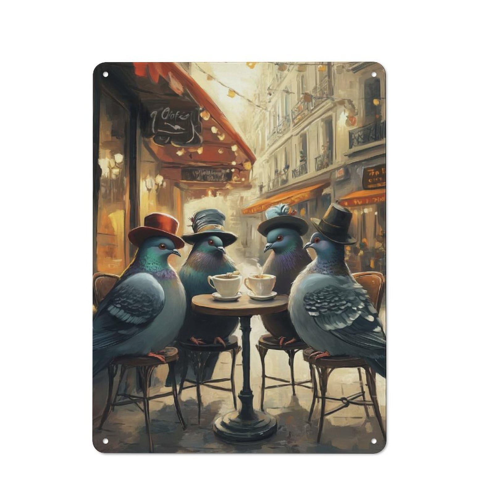 Junmoney Pigeons At A Parisian Cafe Tin Wall Plaque 40X30cm With For Workshop Wall, Suited To Makers And Diy Enthusiasts